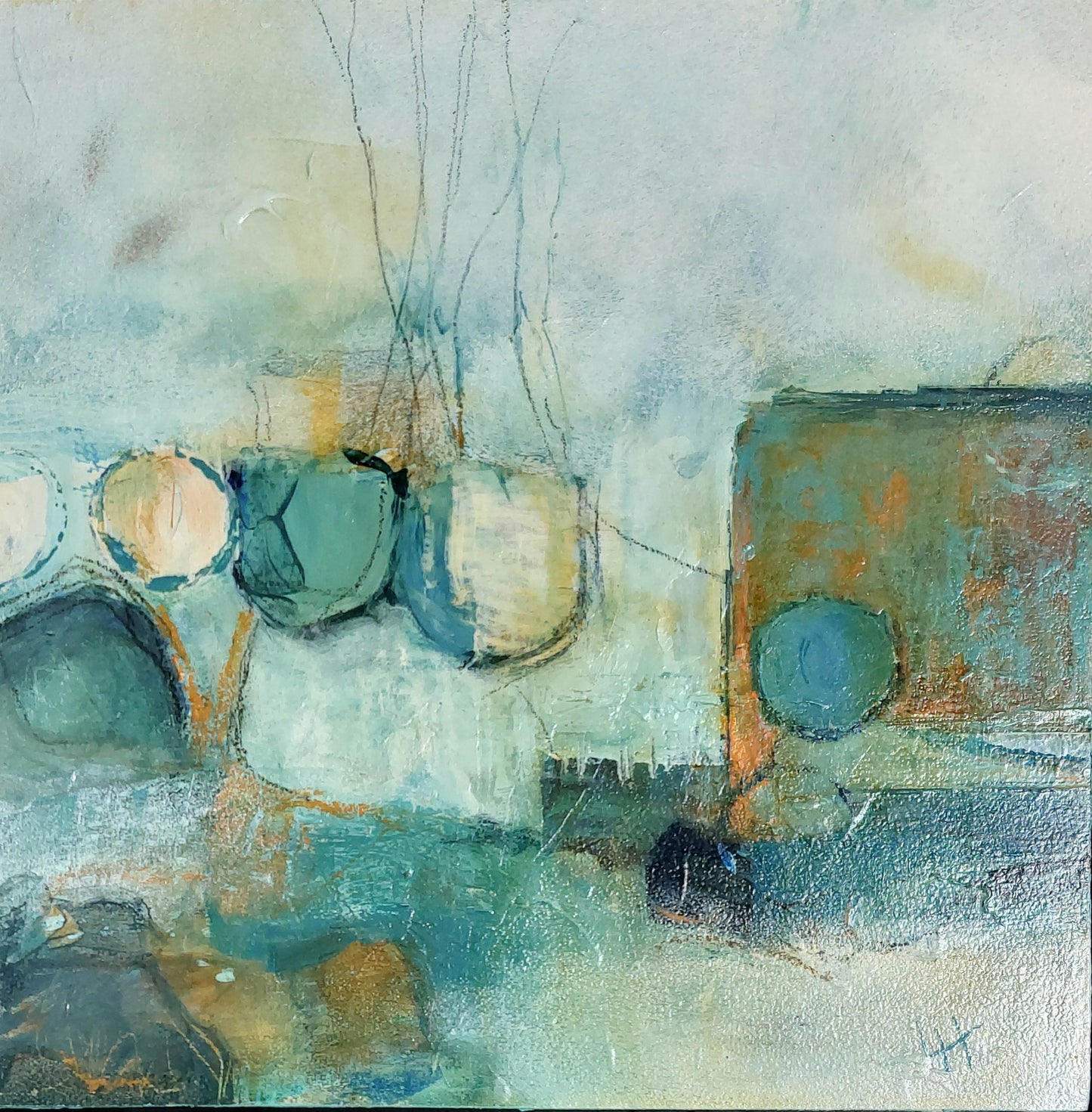 “And Breathe” abstract coastal artwork by Lesley Herd in soft blues and greens.
