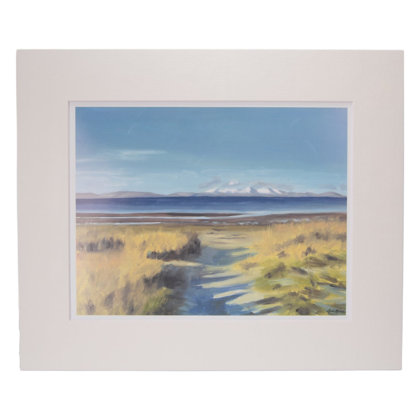 Art print “Clear Winter Sky Over Arran” by Crystal Chesters showing bright coastal grasses and Arran under a clear sky.
