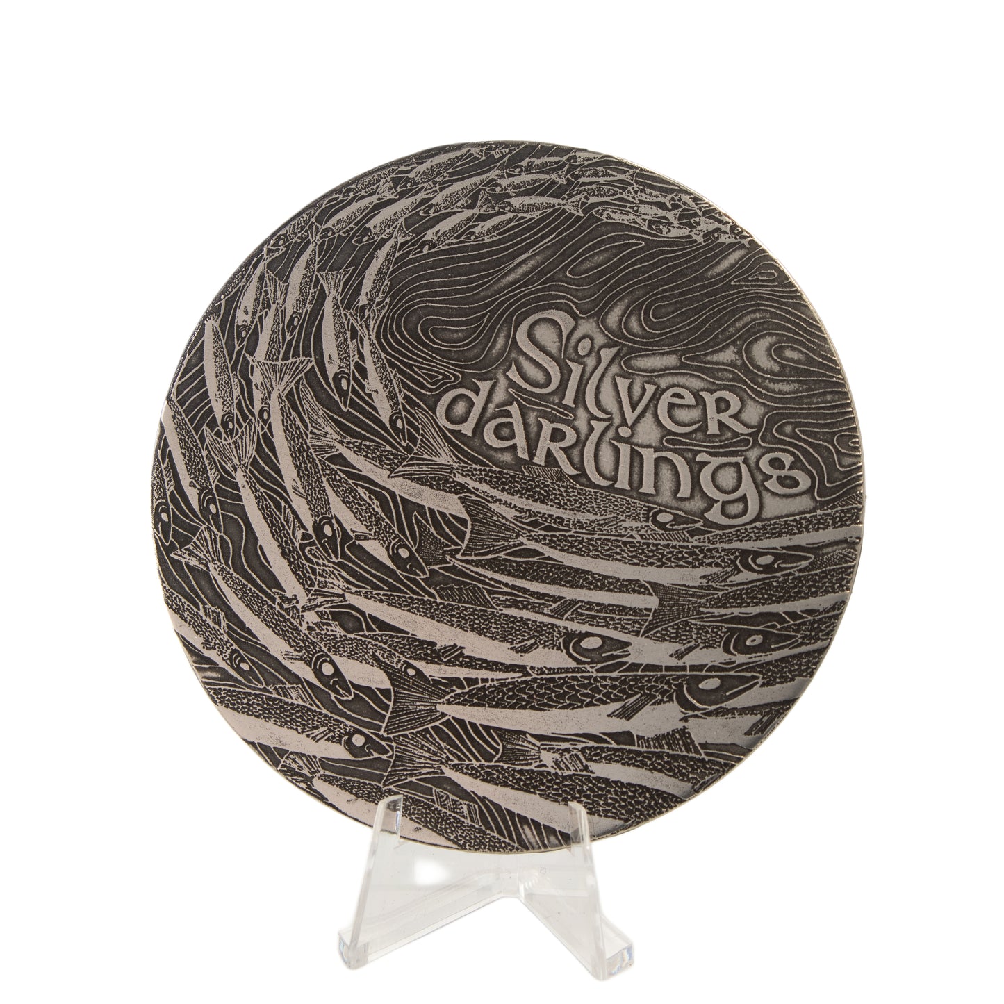 Handmade pewter coaster with etched “Silver Darlings” shoal design by JLG Pewter Craft.