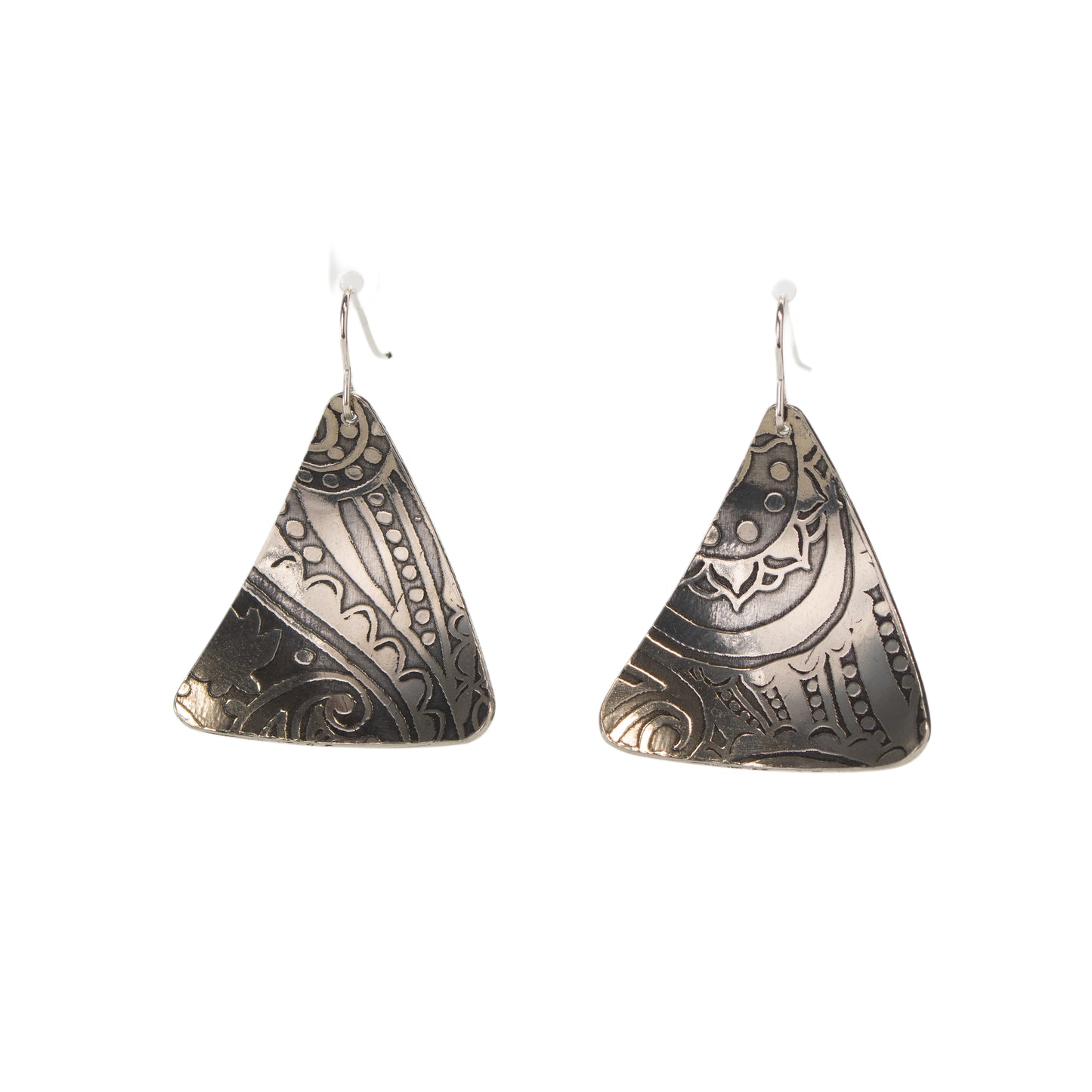 Handmade pewter drop earrings with etched paisley triangle design by JLG Pewter Craft.