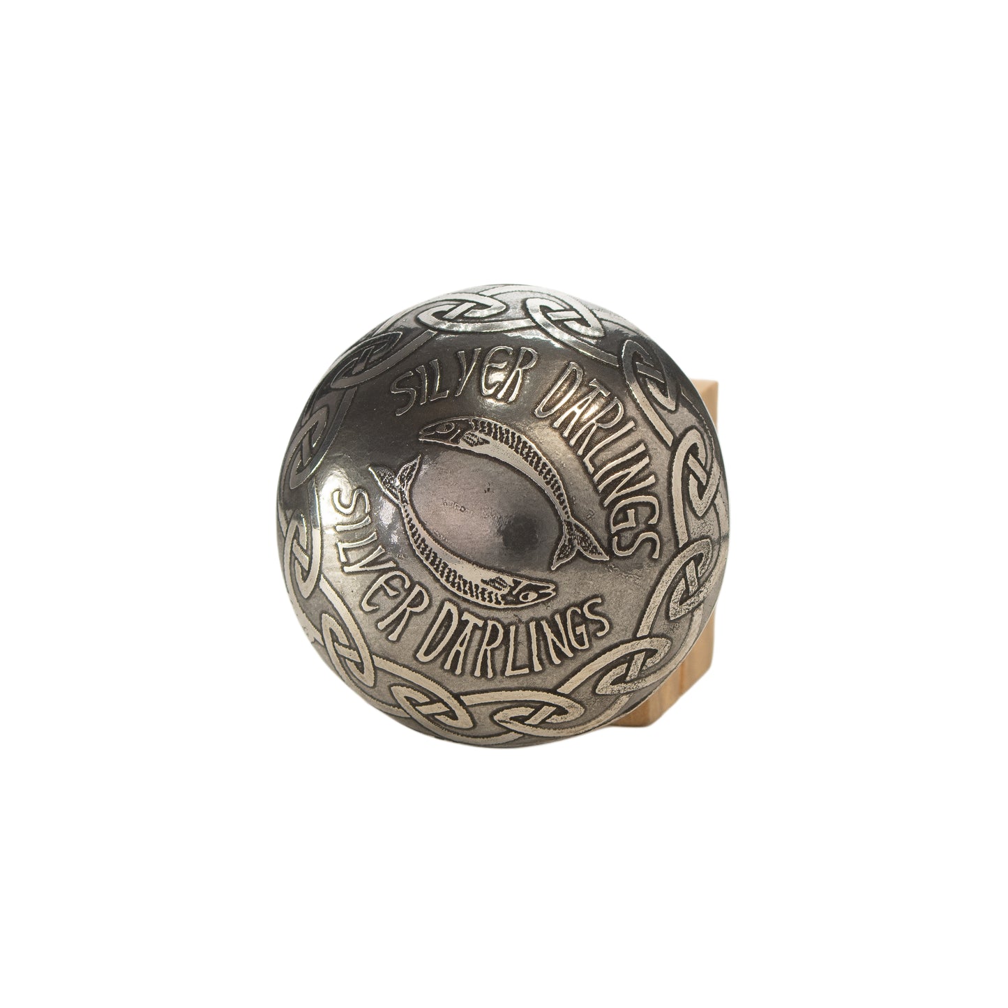 Handmade domed pewter brooch with “Silver Darlings” fish design and Celtic border by JLG Pewter Craft.