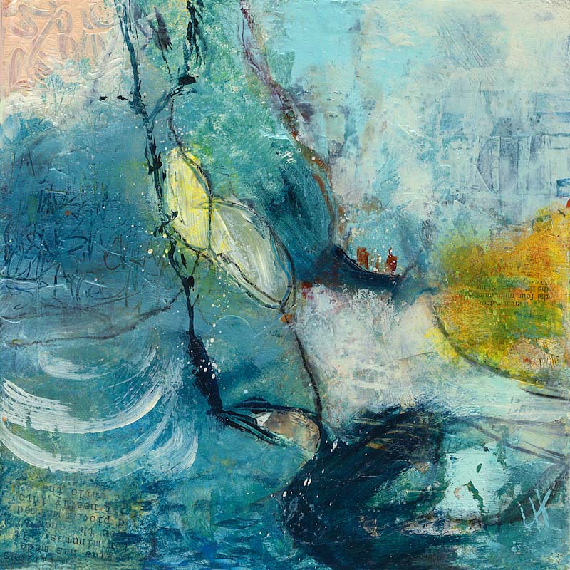 The Air Smells Different Here art print by Lesley Herd – abstract coastal artwork in layered blues, greens and yellow accents