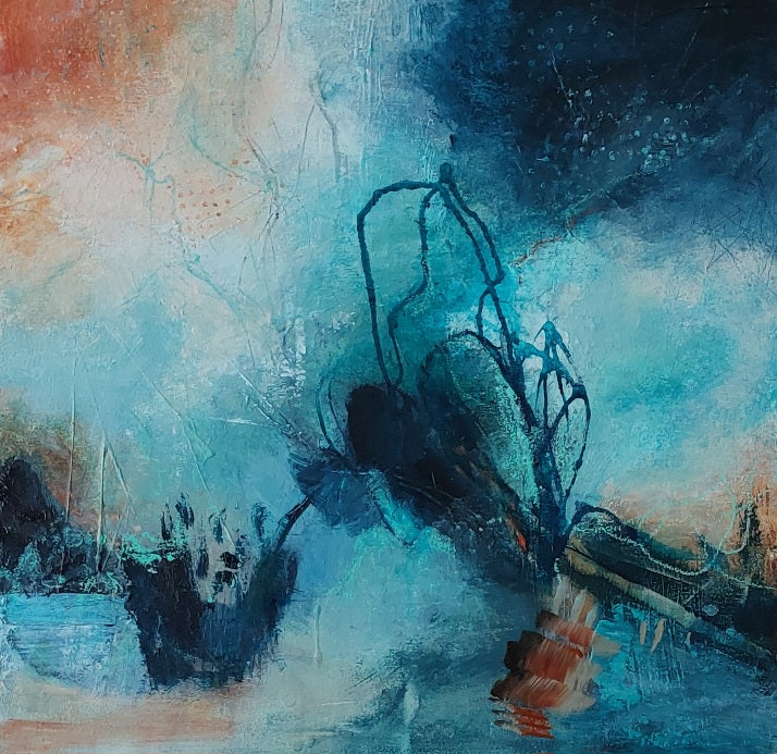 Weathering the Storm art print by Lesley Herd – abstract coastal artwork in blue, orange and teal tones