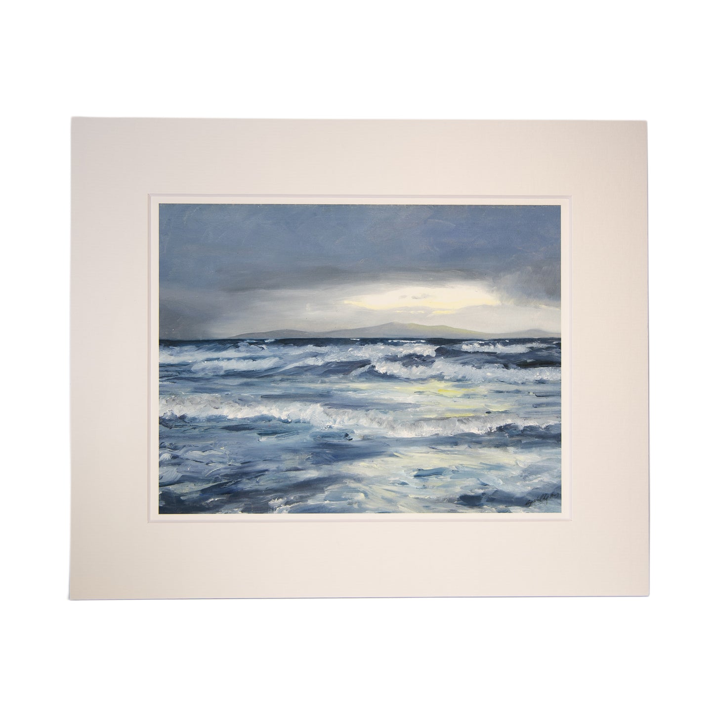 Mounted art print of Crystal Chesters’ “Winter Storm Over Arran” seascape painting.