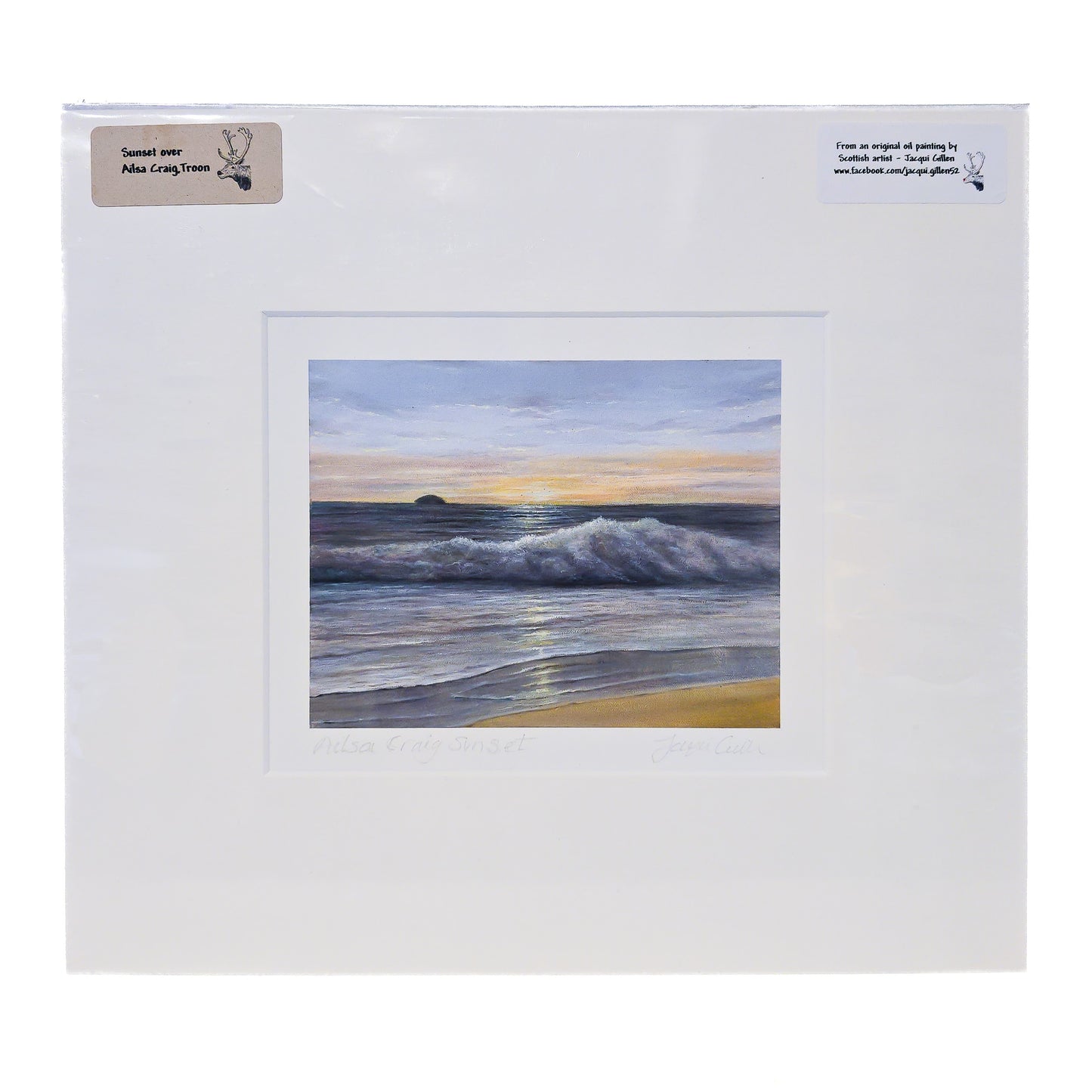Artistic depiction of a coastal scene with waves and sky, framed in white.