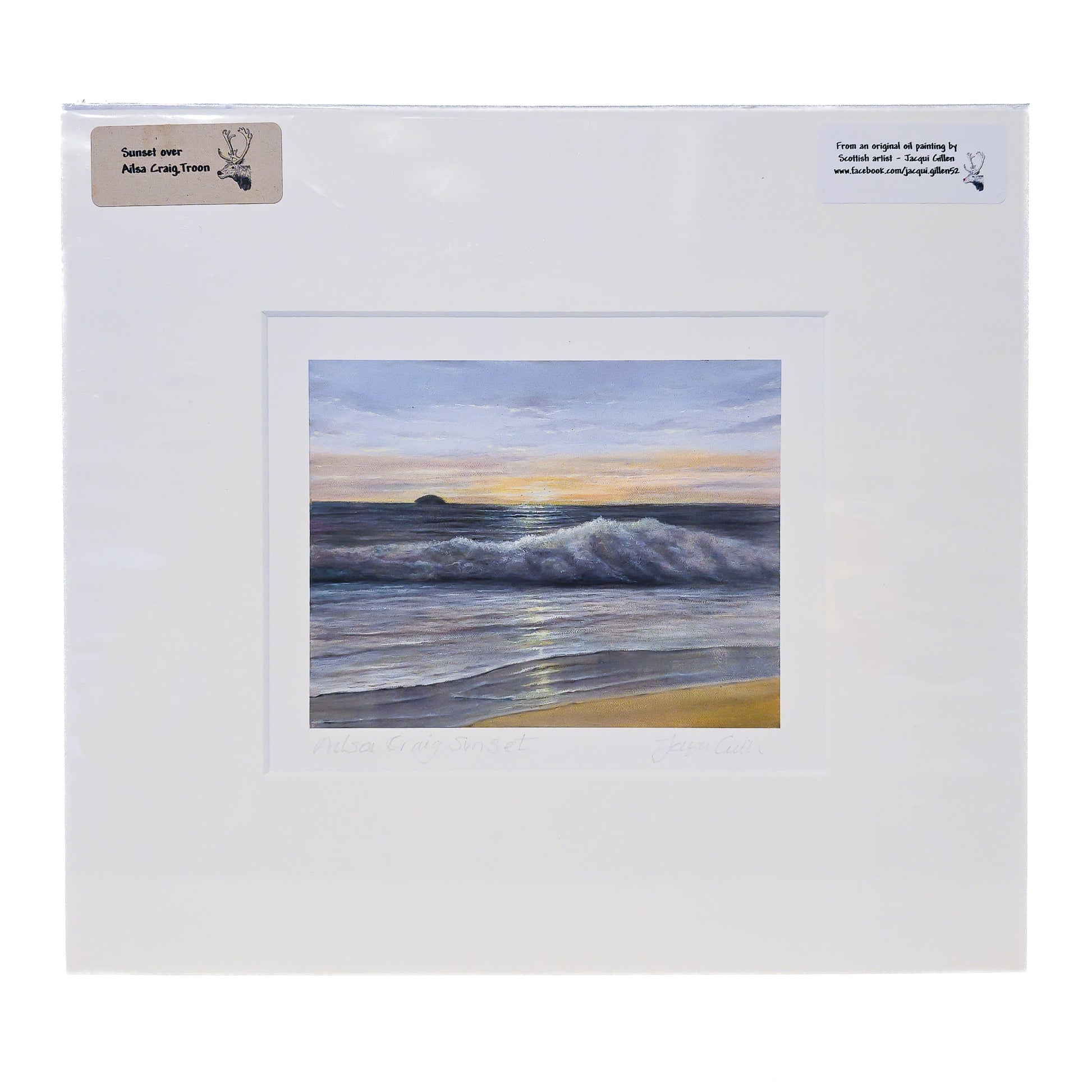 Artistic depiction of a coastal scene with waves and sky, framed in white.