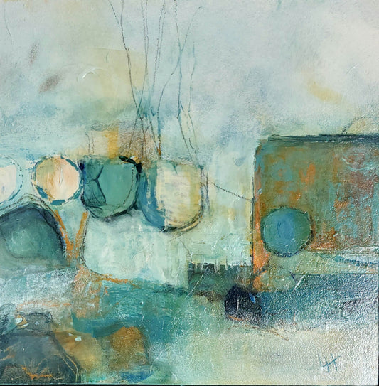 “And Breathe” abstract coastal artwork by Lesley Herd in soft blues and greens.