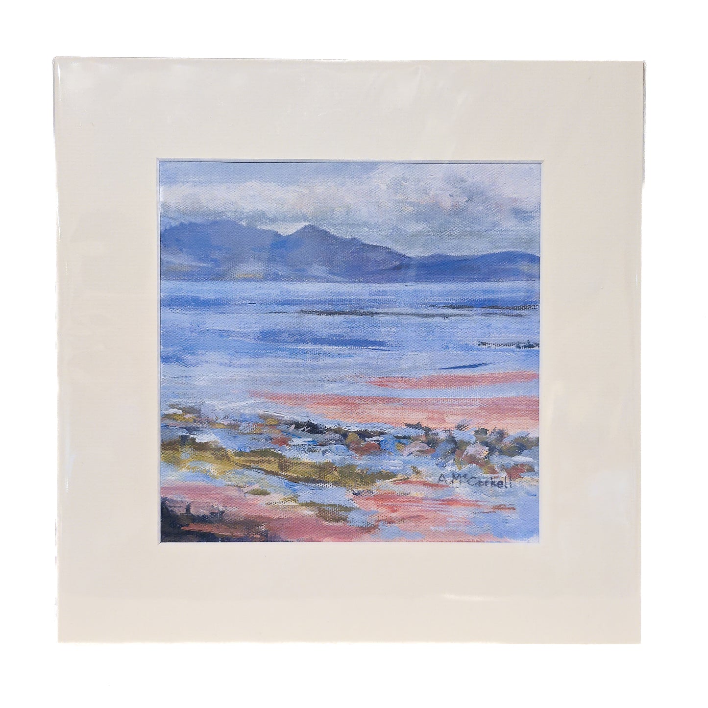 Mounted painting print of a coastal landscape with water and Arran on the horizon
