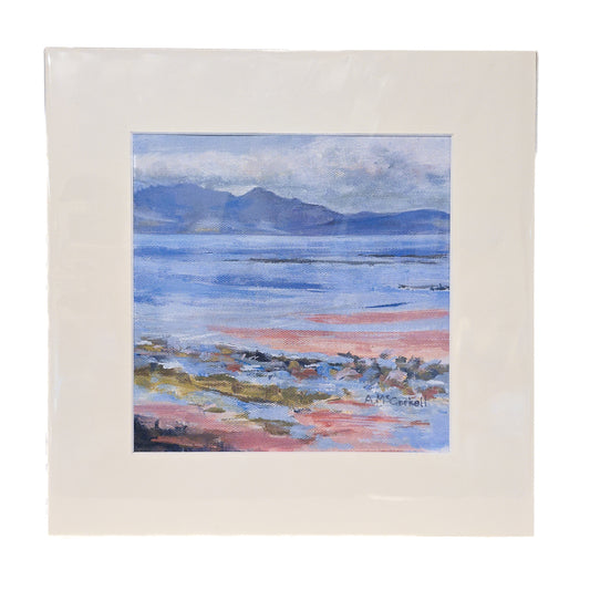 Mounted painting print of a coastal landscape with water and Arran on the horizon