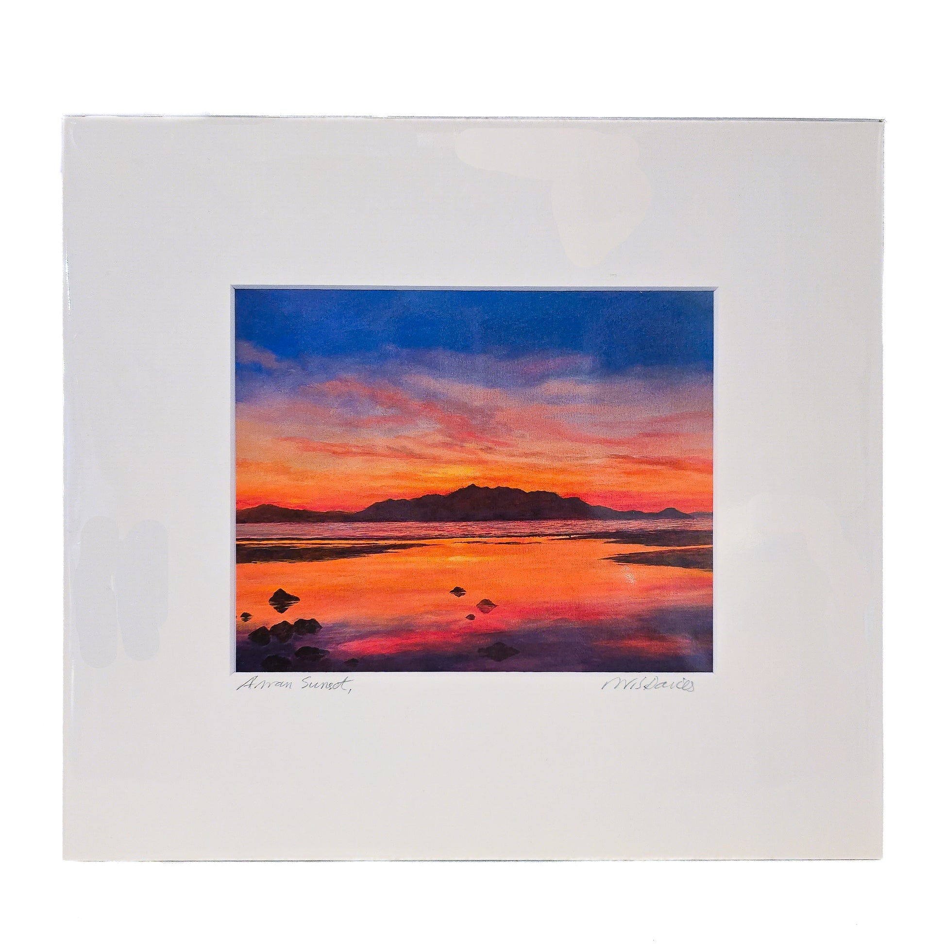 Sunset behind Arran from the West Coast art print on white background