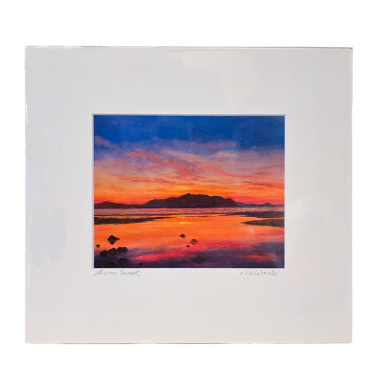 Sunset behind Arran from the West Coast art print on white background