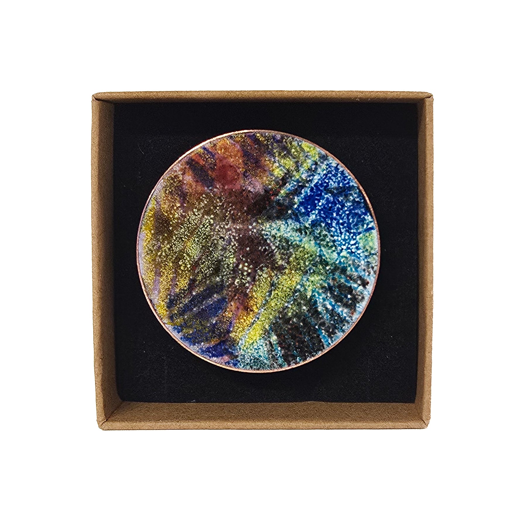 Enamelled copper disc brooch by Jaycee Designs