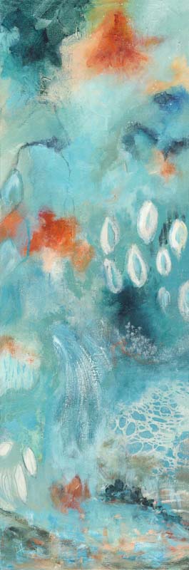 Finding Peace art print by Lesley Herd – tall abstract artwork in turquoise, coral and soft layered textures