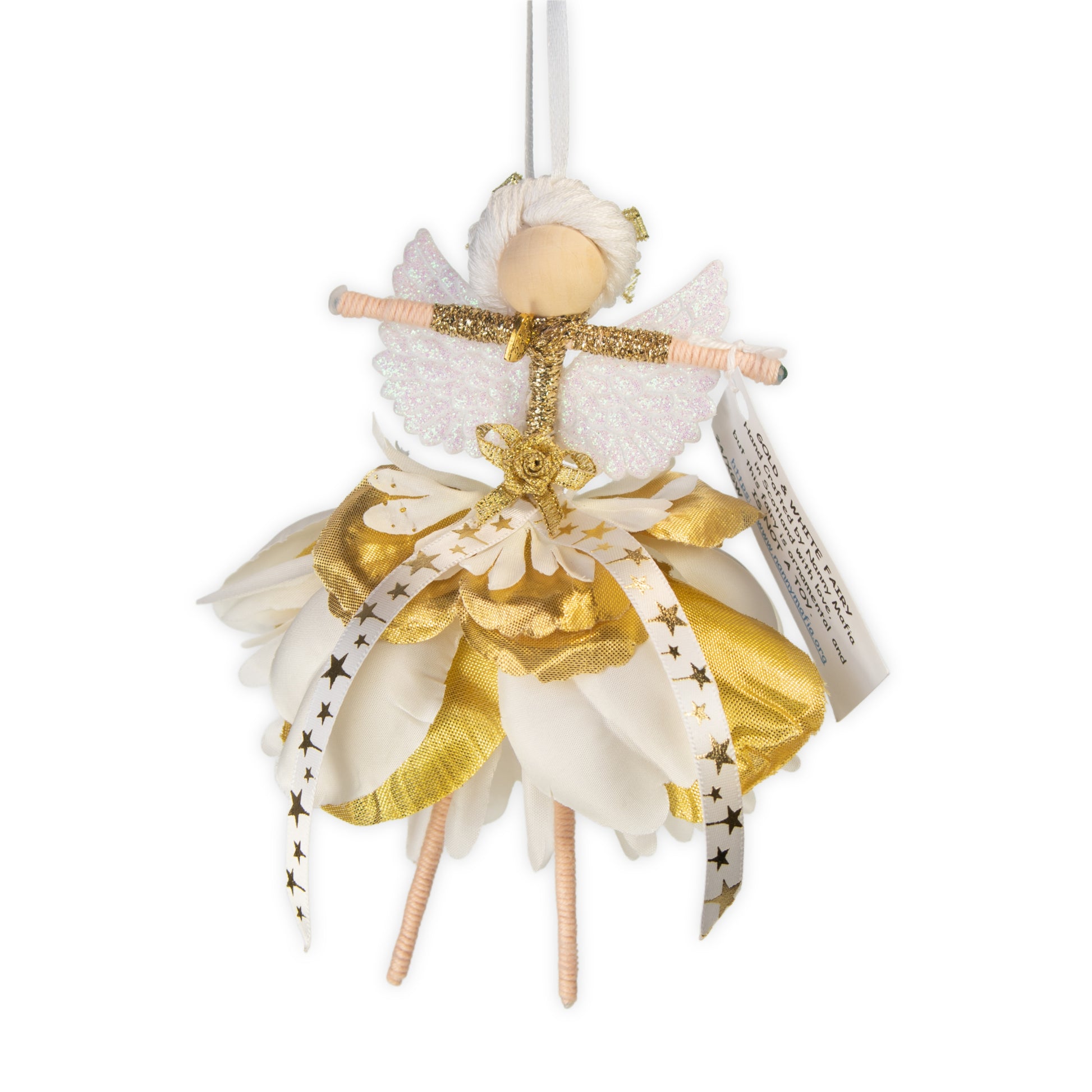 Handmade gold fairy ornament with white petals, gold ribbon, star details and glitter wings by Nanny Mafia.