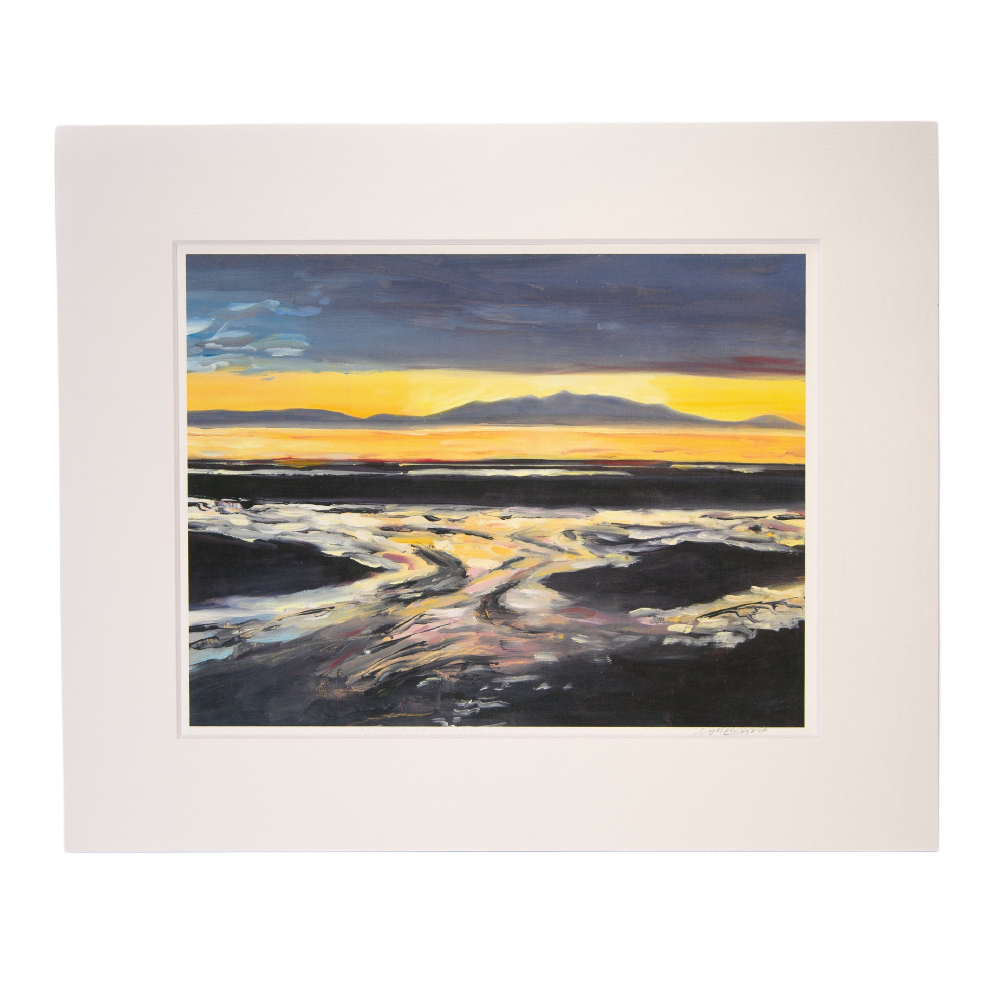 Art print of a golden sunset over Arran by Crystal Chesters, featuring reflections across the tidal sand.
