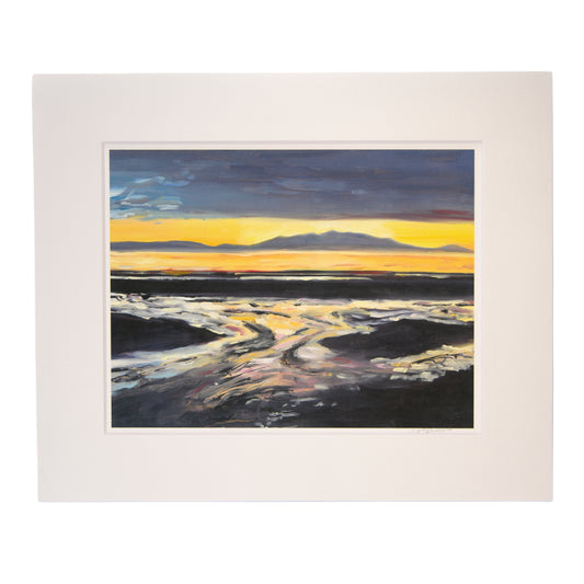 Art print of a golden sunset over Arran by Crystal Chesters, featuring reflections across the tidal sand.