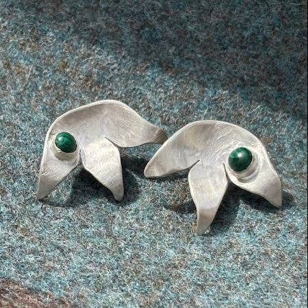 Silver malachite stud earrings handmade leaf design