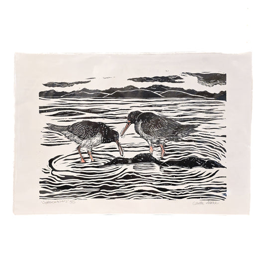 Oystercatchers lino print by Colette Howie on white background