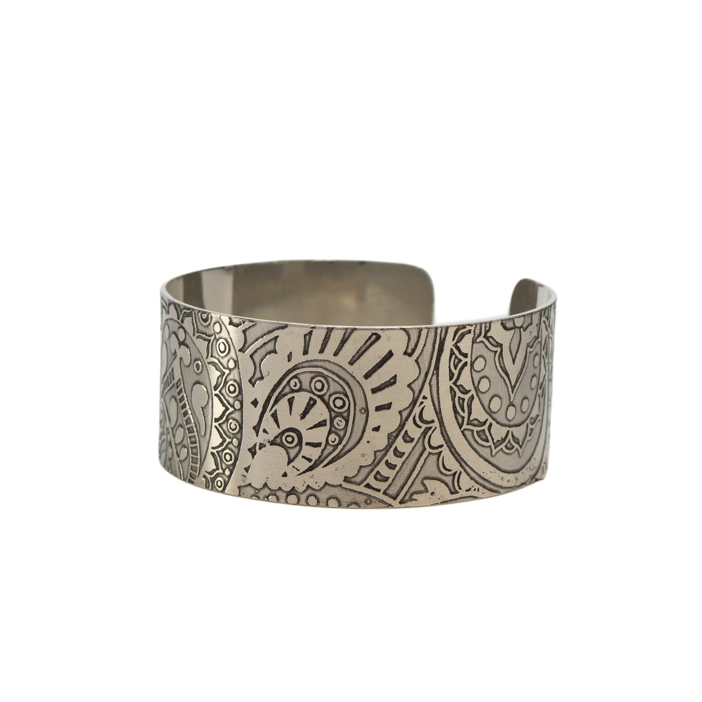 Handmade pewter cuff bracelet with detailed etched paisley pattern by JLG Pewter Craft.