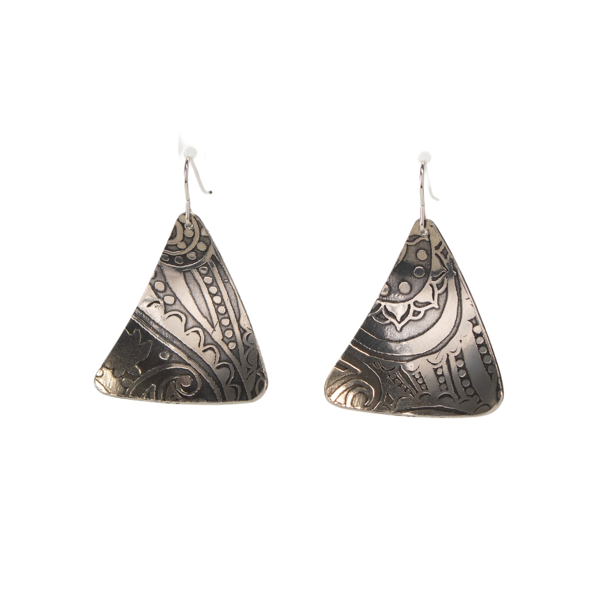 Handmade pewter drop earrings with etched paisley triangle design by JLG Pewter Craft.