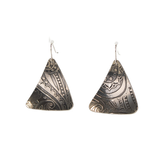Handmade pewter drop earrings with etched paisley triangle design by JLG Pewter Craft.