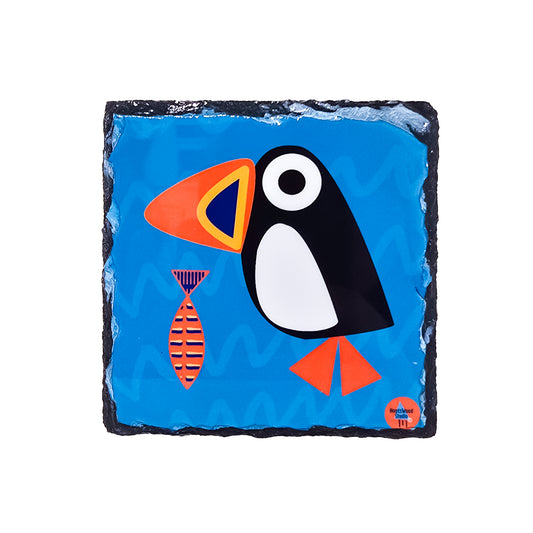 Slate coaster featuring a sublimated puffin illustration designed by Hootswood Studio