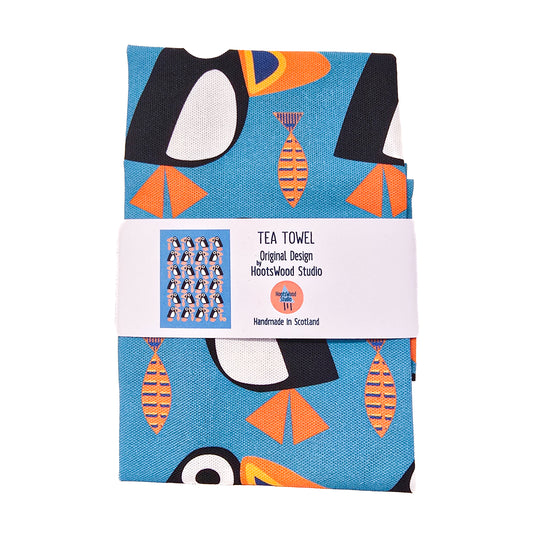 Puffin tea towel with colourful wildlife illustration by Hootswood Studio