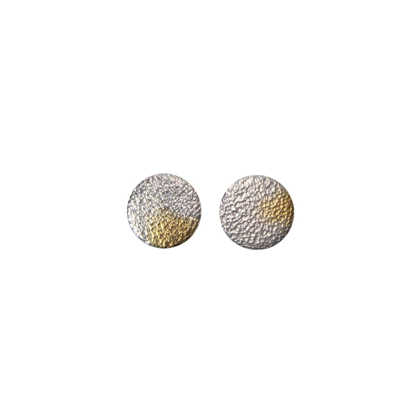 Handmade sterling silver textured disc stud earrings with selective gold plating by Bianca O’Neill Jewellery.