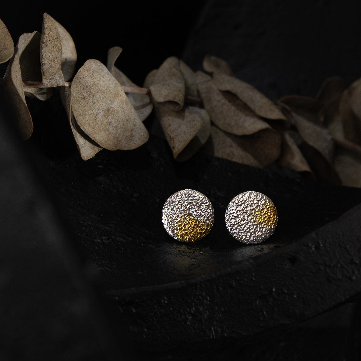 Pair of silver and gold earrings on a dark surface with leaves in the background