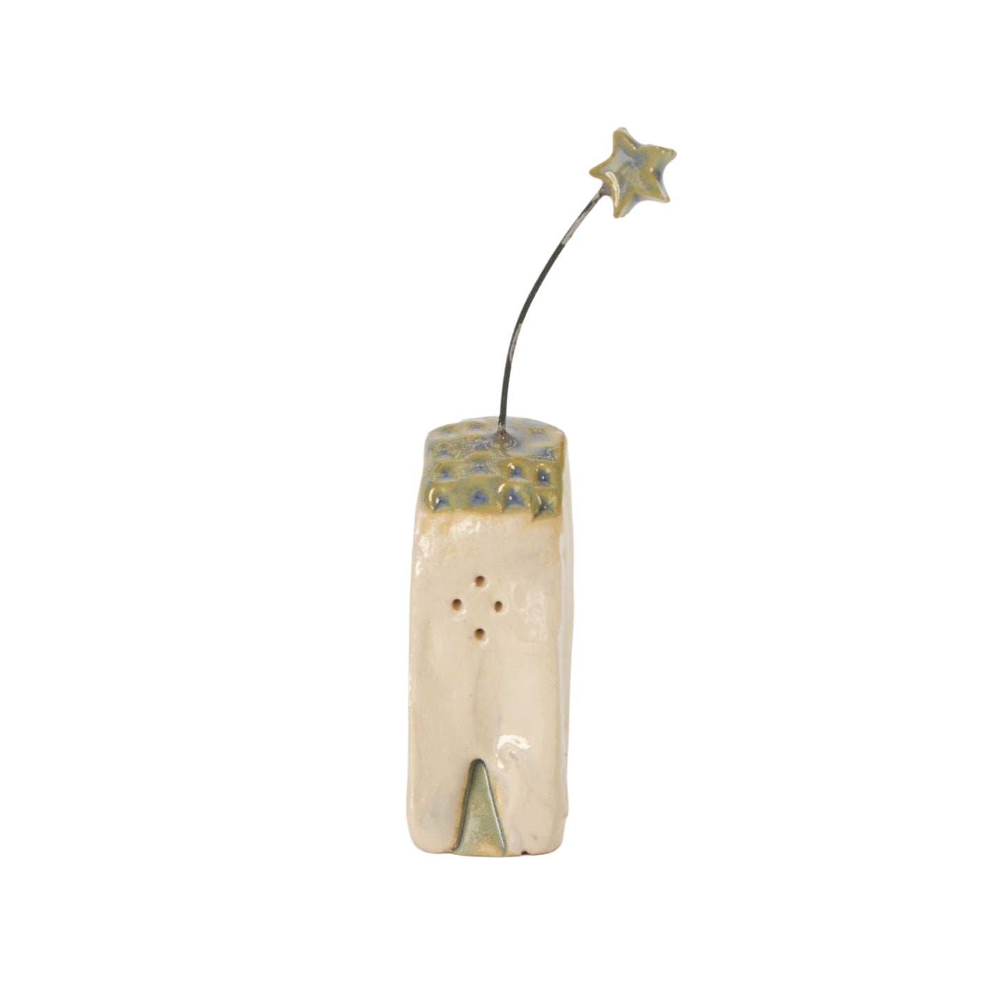 Handmade ceramic house ornament with green roof details and a small star on a wire by Little Bird Ceramics.
