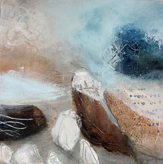 Sunday Dreaming 4 art print by Lesley Herd – soft coastal abstract with blues, sand tones and textured brushwork