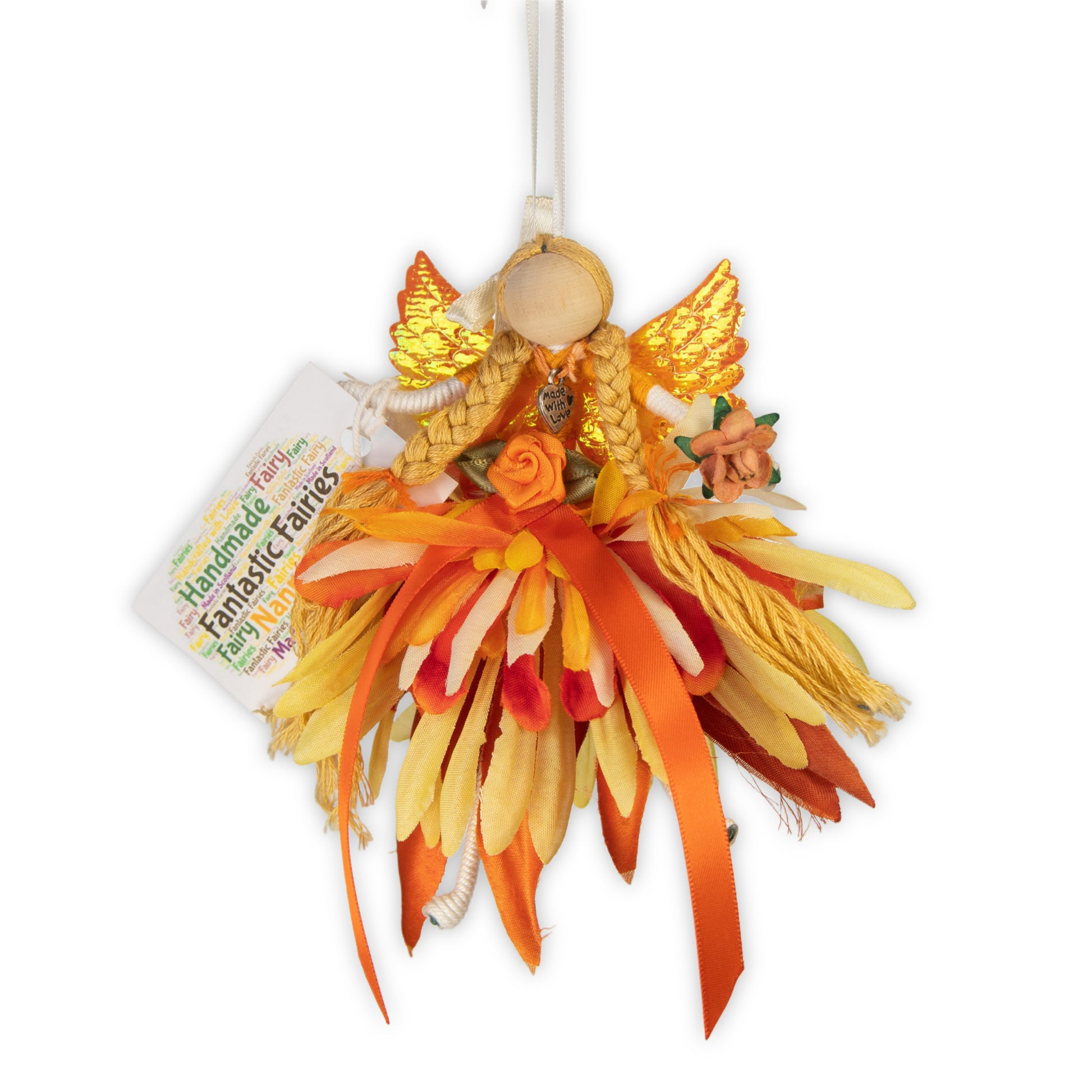 Handmade sunshine fairy ornament with yellow and orange petals, braided hair and gold wings by Nanny Mafia.
