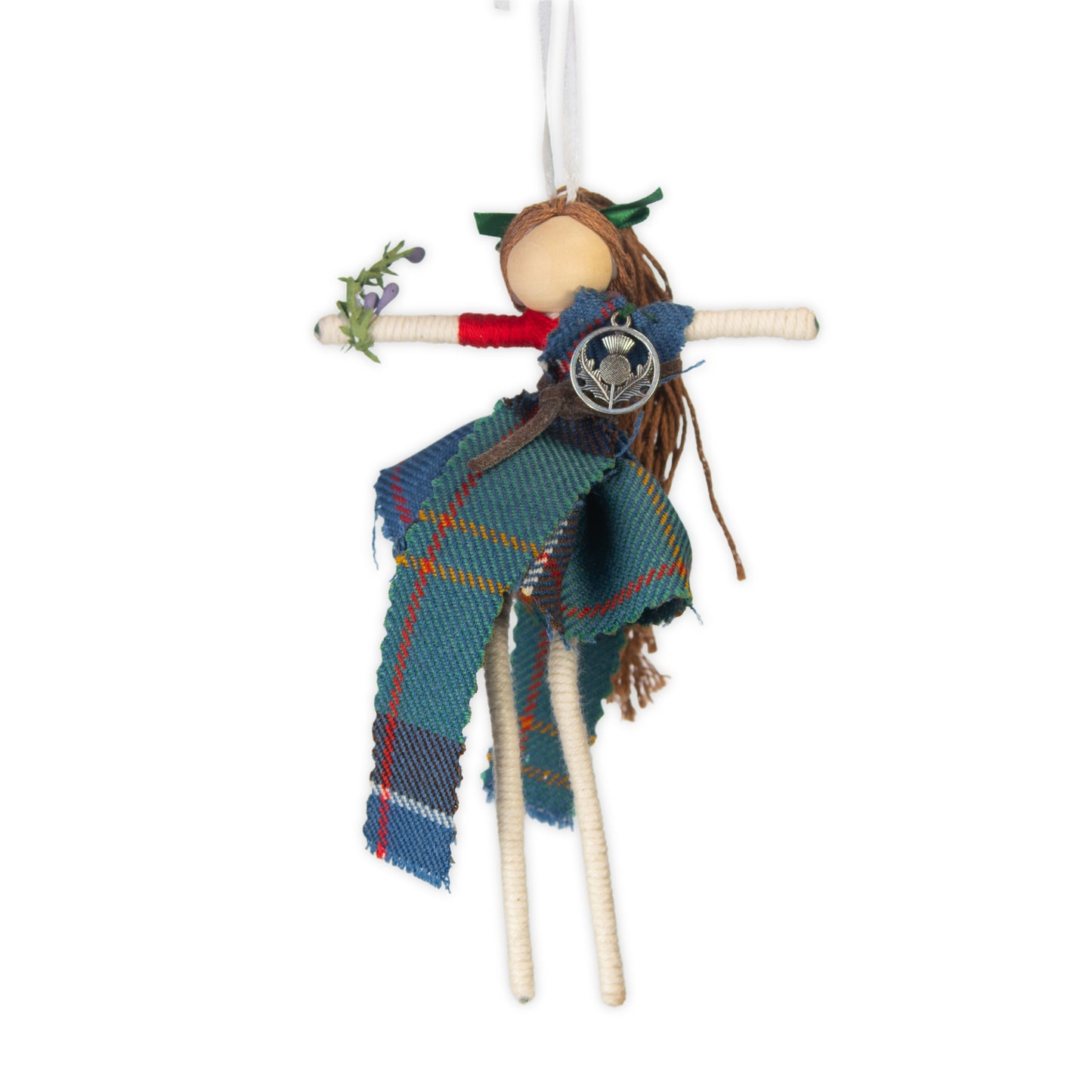 Handmade Scottish dancer ornament with tartan skirt, thistle charm and yarn hair by Nanny Mafia.