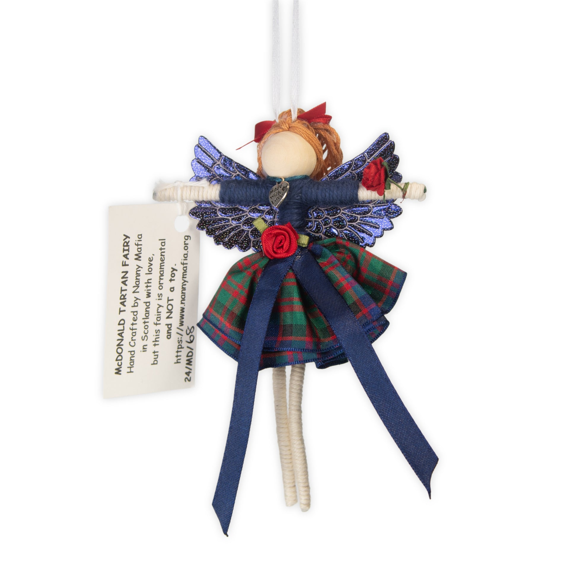 Handmade Scottish tartan fairy ornament with blue wings, red rose, and McDonald tartan skirt by Nanny Mafia.