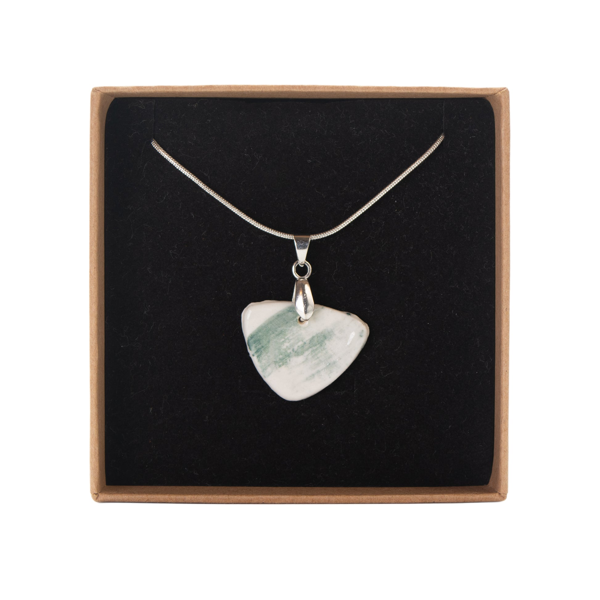 Brushed green and white ceramic pendant necklace on 18-inch snake chain.