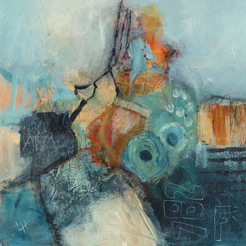 Veering Southwest art print by Lesley Herd – abstract coastal artwork in teal, blue, rust and textured layers