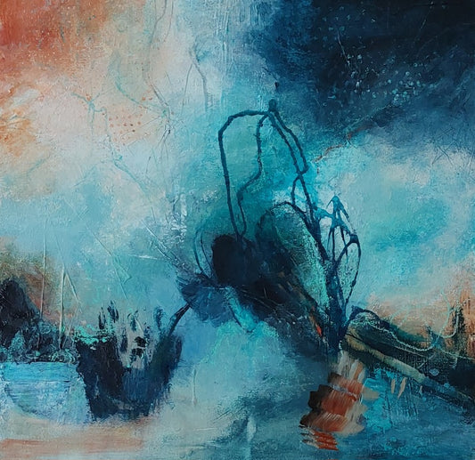 Weathering the Storm art print by Lesley Herd – abstract coastal artwork in blue, orange and teal tones